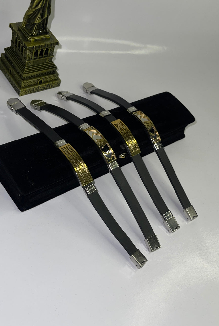 Men Stylish Rubber Strip Metal Bracelet – Gold & Silver Luxury Multi-Design Edition