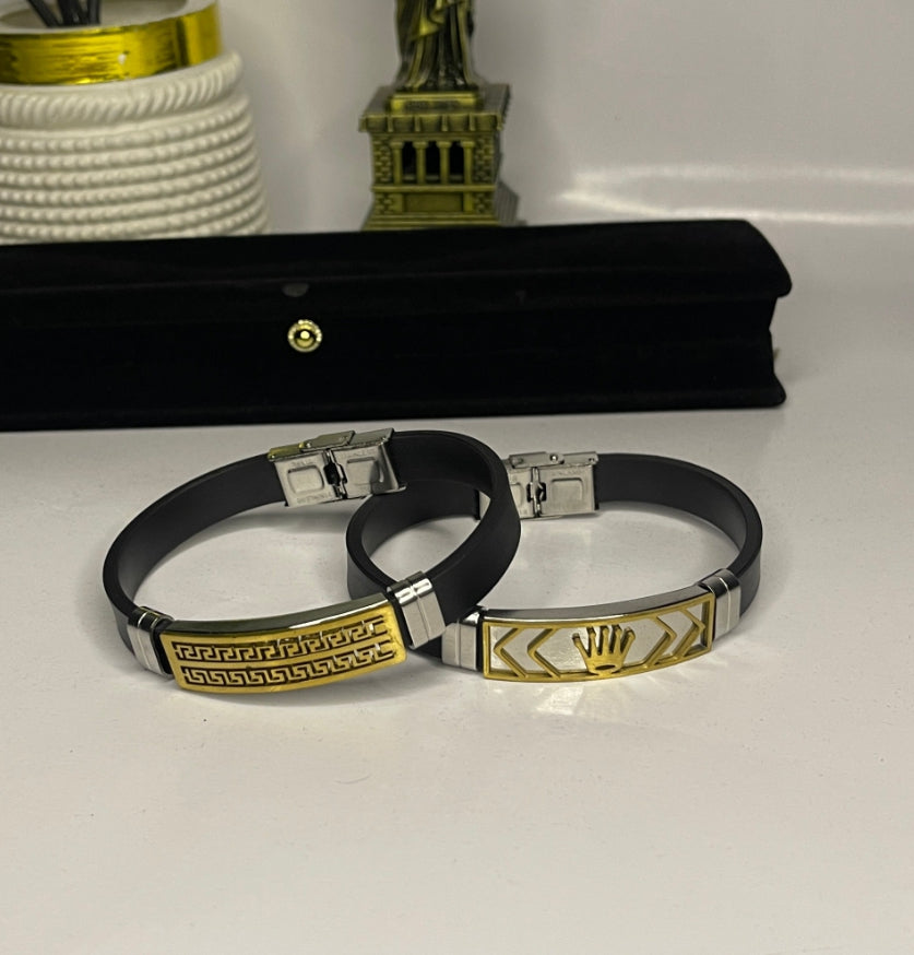 Men Stylish Rubber Strip Metal Bracelet – Gold & Silver Luxury Multi-Design Edition
