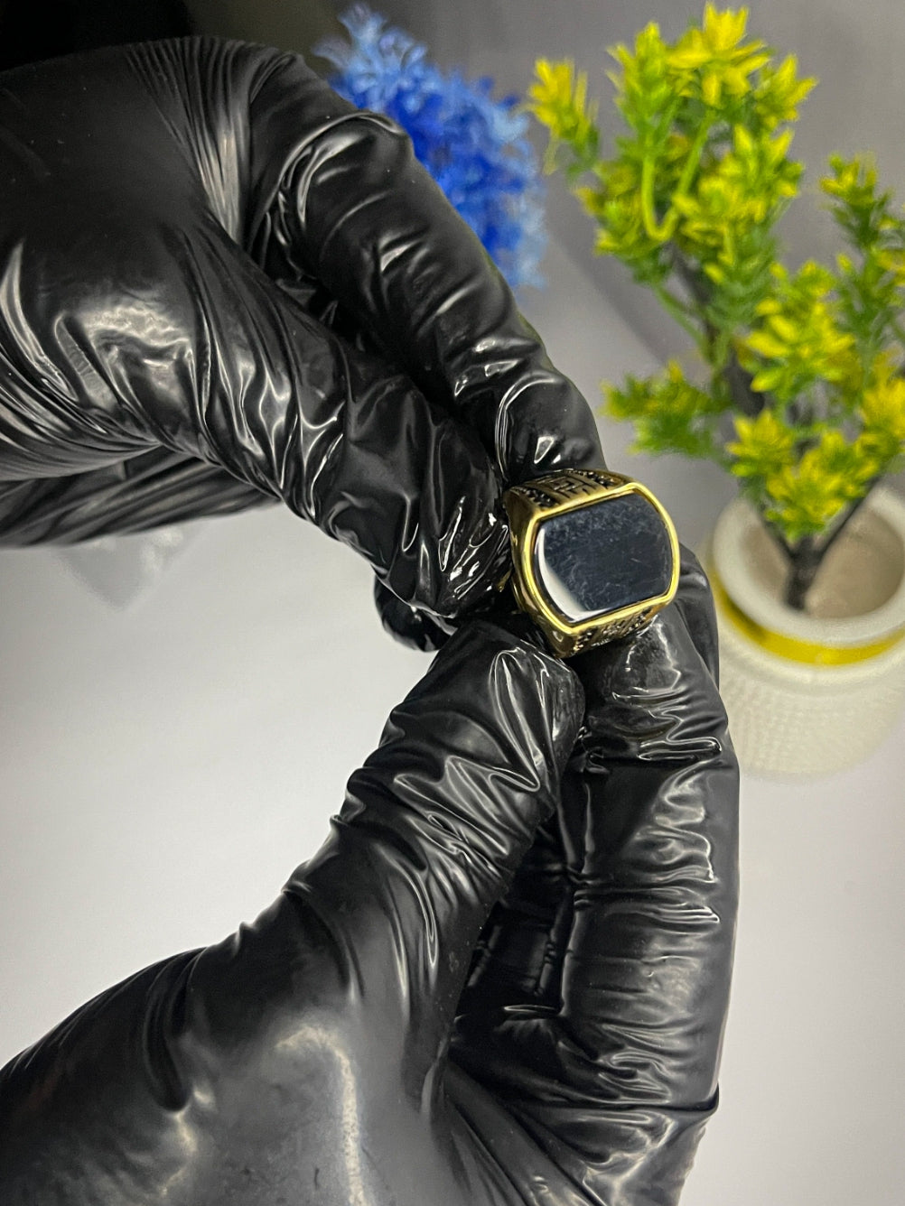 Luxury Black Stone Golden Ring for Men – Premium Greek Pattern Design